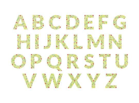 Green Floral Alphabet, Font Uppercase Letters Made of Leaves and Flowers Pattern Illustration