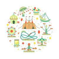 Amusement Park Elements of Circular Shape, Funfair with Carousels, Festive Park Attractions Illustration vector