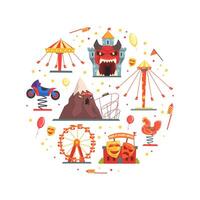 Amusement Park Elements of Circular Shape, Festive Park Attractions Illustration vector
