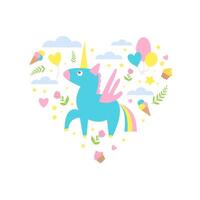 Magic Unicorn with Clouds and Ice Creams of Heart Shape, Cute Childish Poster, Greeting or Invitation Card, Print for T-shirt Design Element Illustration vector