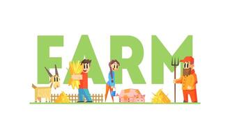 Farm Word with Little Farmers Characters Working on Farm Illustration vector