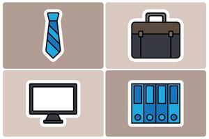 Business and Office Essentials Doodle Icon Sticker Set. Tie, Briefcase, Computer, and Files vector