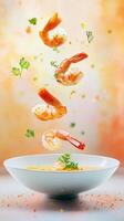 Luxurious French seafood soup with lobster and shrimp. At the bottom of the composition is empty white bowl, above which brightly colored ingredients float in the air peeled shrimp, saffron photo