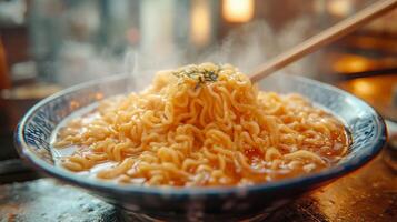 A bowl of ramen with chopsticks in it photo