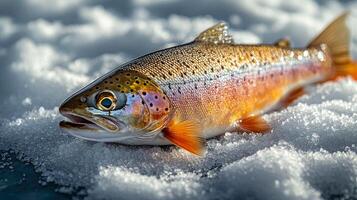A fresh rainbow trout lying on crushed ice, displaying vibrant scales and detailed texture. Cold, glistening fish prepared for seafood market or culinary use photo