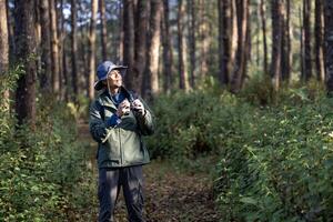 Bird watcher is looking through his binoculars while exploring in the pine forest for surveying and discovering the rare biological diversity and ecologist on the field study photo