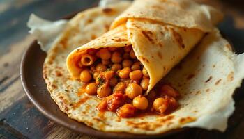 Delicious chickpea wrap on a rustic plate, showcasing tasty filling - Generated using AI photo