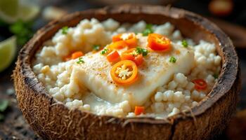 Exotic culinary presentation of fish in a coconut shell - Generated using AI photo