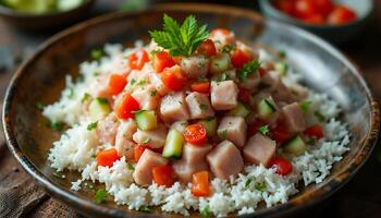 Fresh tuna salad with colorful vegetables on a bed of rice - Generated using AI photo