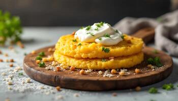 Stacked corn cakes with cream and herbs presented on a wooden board - Generated using AI photo