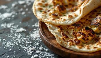 Savory Flatbread Delight Culinary Still Life - Generated using AI photo