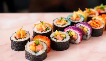 Vibrant and Colorful Sushi Rolls on Light Pink Surface - Generated using AI photo