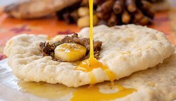 Savory flatbread adorned with flavorful toppings and drizzled sauce - Generated using AI photo