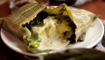 Exotic Dish of Creamy Taro and Greens in Leaf Wrap - Generated using AI photo