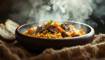 Steaming bowl of couscous with meat and pumpkin on burlap - Generated using AI photo