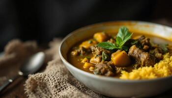 Hearty bowl of vegetable curry with grains and fresh basil - Generated using AI photo