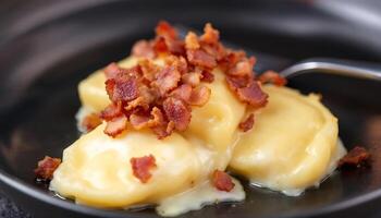Creamy potato dumplings with crispy topping presented elegantly - Generated using AI photo