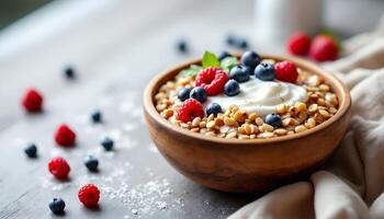 Rustic wooden bowl filled with hearty grain topped with yogurt and berries - Generated using AI photo
