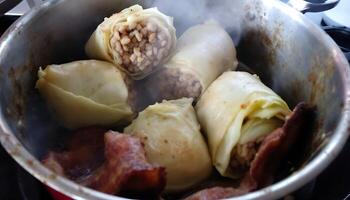 Steaming cabbage rolls stuffed with meat and rice in a pot - Generated using AI photo