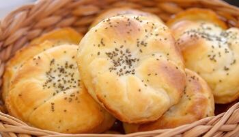 Golden cheesy rolls with seeds in a woven basket - Generated using AI photo