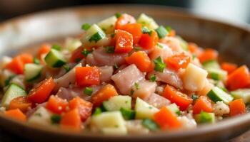 Fresh seafood salad with cubed vegetables - Generated using AI photo