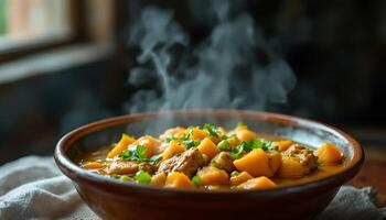 Steaming vegetable stew in earthenware bowl with fresh garnish - Generated using AI photo