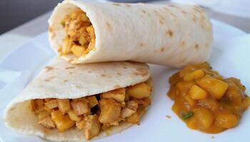 Savory Wraps Stuffed with Curried Goodness served with Chutney - Generated using AI photo
