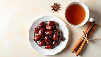 Dates and spiced tea composition arranged in flat lay presentation - Generated using AI photo