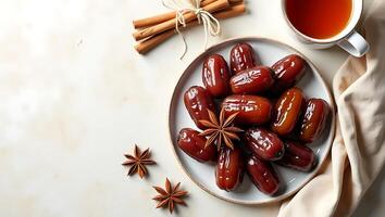 Dates, Cinnamon, and Anise Arrangement on Light Backdrop - Generated using AI photo