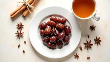 Artistic display of dates, anise stars, and cinnamon sticks - Generated using AI photo