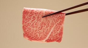 Elevated slice of marbled Wagyu beef delicacy held with chopsticks - Generated using AI photo