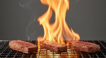 Succulent wagyu beef seared on charcoal grill with fiery flames - Generated using AI photo