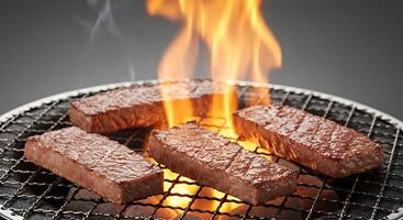 Succulent beef slices sizzling over fiery charcoal embers - Generated using AI photo