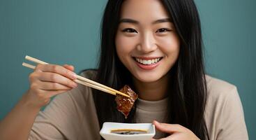 Joyful woman dipping meat into sauce with chopsticks - Generated using AI photo