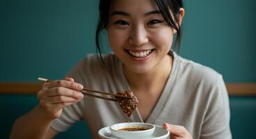 Smiling Woman Enjoys Savory Meat with Chopsticks - Generated using AI photo