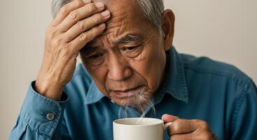 Worried elderly man gazes at steaming mug, hand on head - Generated using AI photo