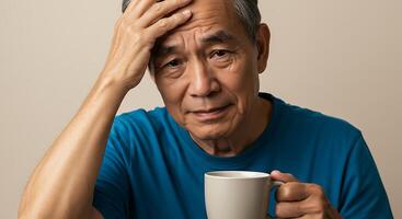 Troubled senior man with a cup ponders life's challenges - Generated using AI photo