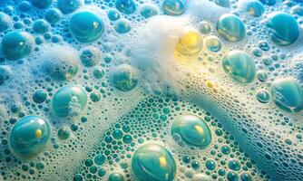 Soap foam dynamics, motion, soluble components, shape, structure photo