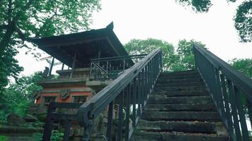 A stone staircase leading up to a traditional temple surrounded by lush greenery. The temple features intricate architectural details and is partially obscured by trees video