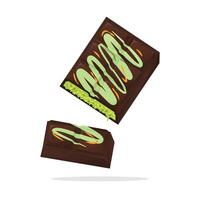 Dubai Chocolate milk bar with pistachio paste and crispy toasted knafeh filling illustration art in cartoon 2d style with simple shape. Perfect for food design asset vector