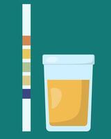 Ketone test, paper strip with colored squares for acetone level analysis and container with urine sample vector