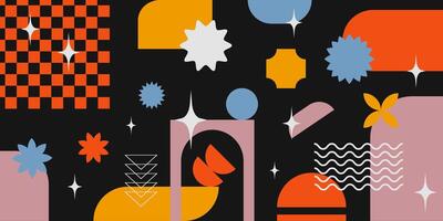 Abstract geometric banner with shapes and forms. Brutal contemporary figures, stars, arch, flowers and other graphic design elements. Swiss design aesthetic, Y2K illustrations. vector
