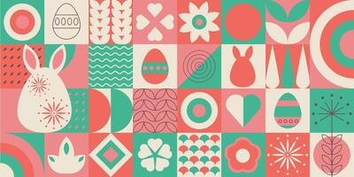 Easter geometric banner with simple geometric shapes and figures and symbols of the holiday. Religious celebration wallpaper with rabbits, flowers and eggs. vector