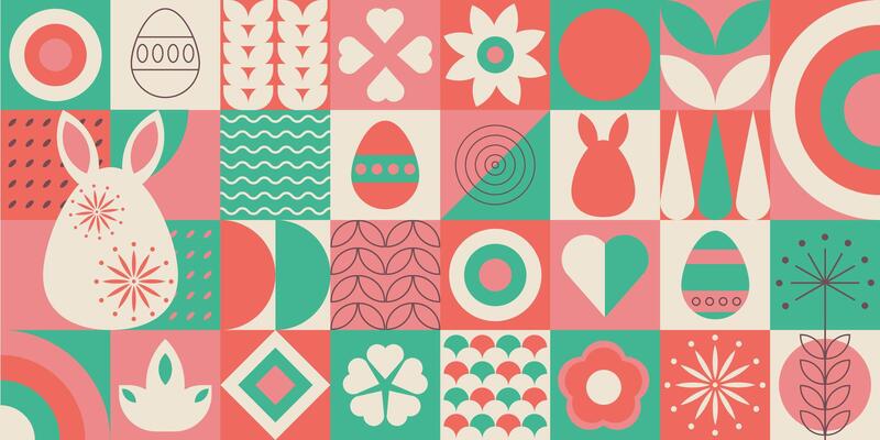 Easter geometric banner with simple geometric shapes and figures and symbols of the holiday. Religious celebration wallpaper with rabbits, flowers and eggs.