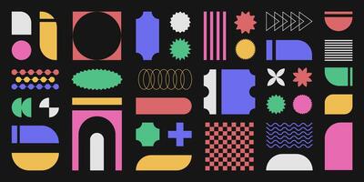 Abstract retro shapes, basic brutal forms and figures in Y2K aesthetics, vintage stickers, logos, labels. Decorative design vector