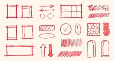 Red freehand signs, frames and symbols, arrows and checkmarks, hatching elements. Graphic design elements, illustration set. vector