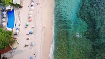 Tropical beach with pool, umbrellas and turquoise ocean. Top down above view in Bali video