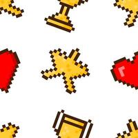 Seamless pattern with 8-bit game icons star, heart, and trophy on a white background. vector