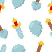 Seamless pattern with 8-bit game icons sword, shield, and shovel on a white background. vector
