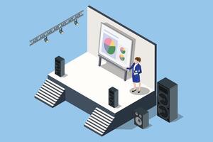 Isometric stand for press conference with presentation screen, equipped with speakers in front of journalists. The audience listens to the leader in the conference room vector